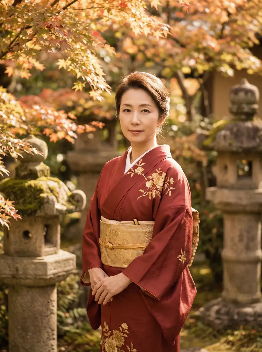 一位身穿暗红色和服的优雅 桥本香菜 在日式庭院中